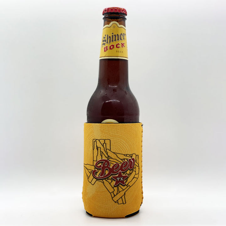 Texas Beer Can Cooler perfect for a Shiner Bock Beer, Neoprene Can Cooler, Texas Beer Design designed by Gusto Graphic Tees