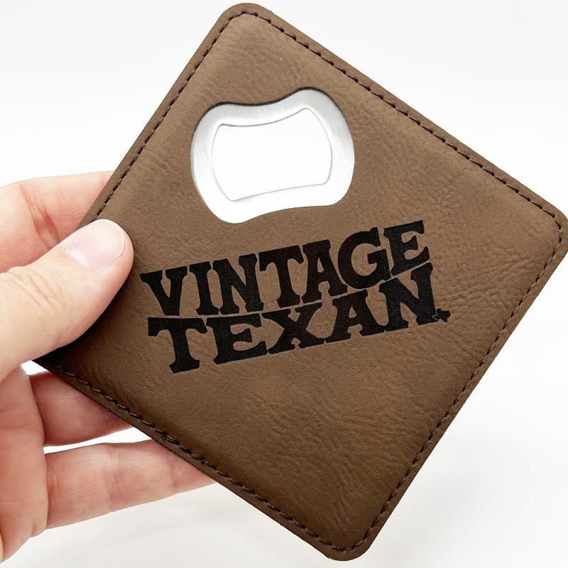 Vintage Texan Dark Brown Leatherette Coaster with Bottle Opener