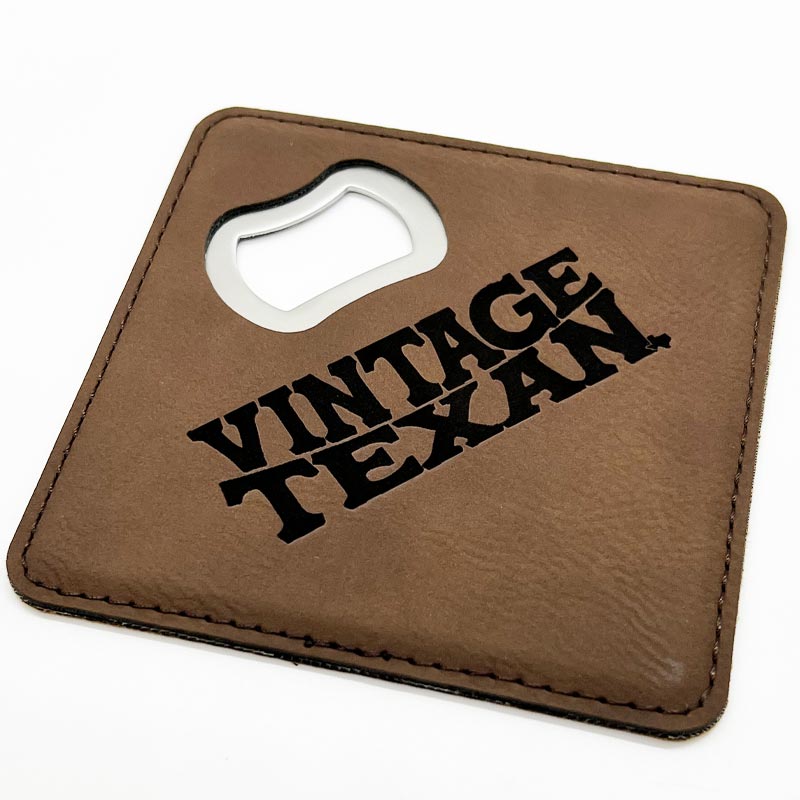 Vintage Texan Dark Brown Leatherette Coaster with Bottle Opener