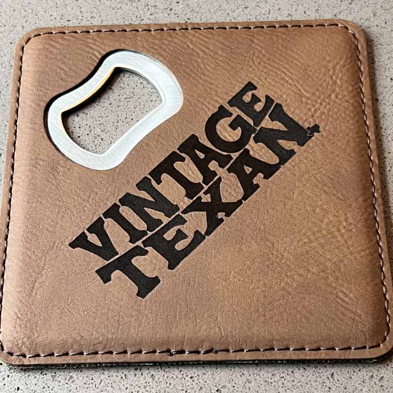 Vintage Texan Dark Brown Leatherette Coaster with Bottle Opener