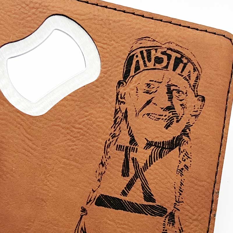 Willie Nelson, Austin, Texas, Dark Rawhide Leatherette Coaster with Bottle Opener