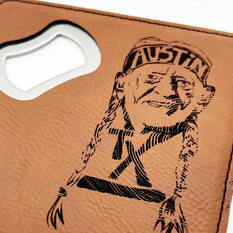 Willie Nelson, Austin, Texas, Dark Rawhide Leatherette Coaster with Bottle Opener