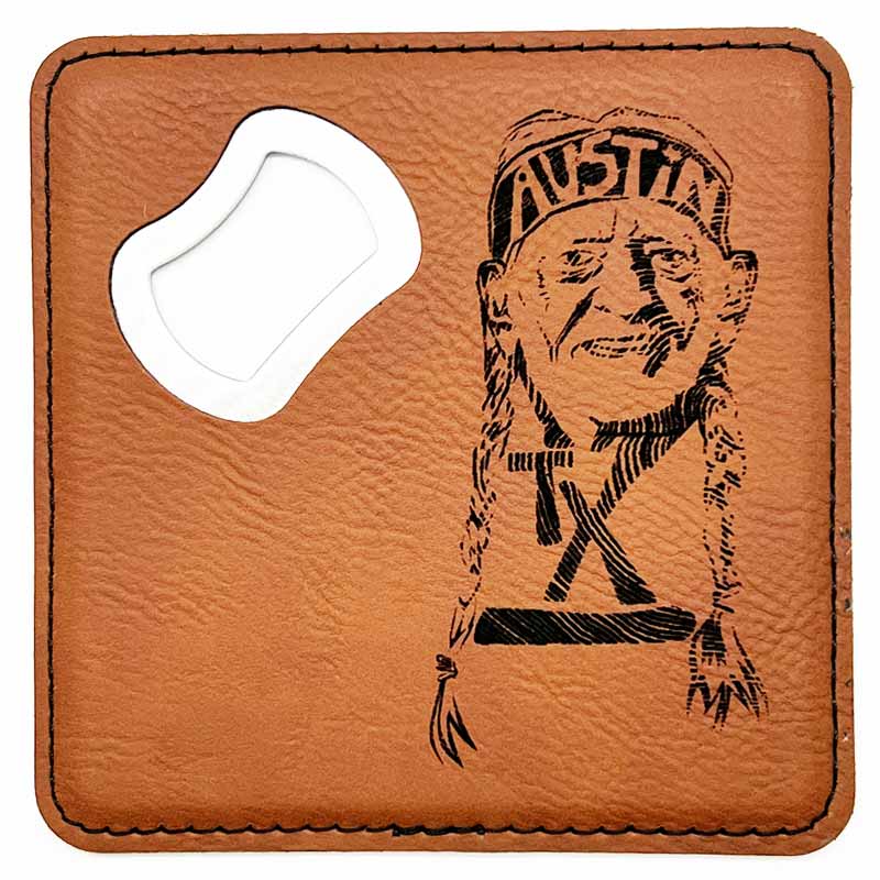 Willie Nelson, Austin, Texas, Dark Rawhide Leatherette Coaster with Bottle Opener